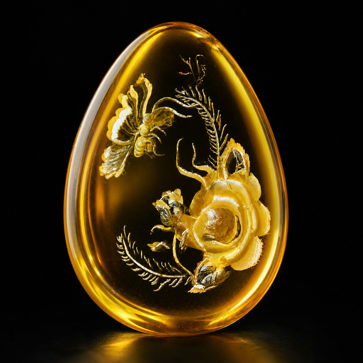 Impressive 3D Hand Carved Natural Clear Yellow Amber Carving Rose with Butterfly – photo 2