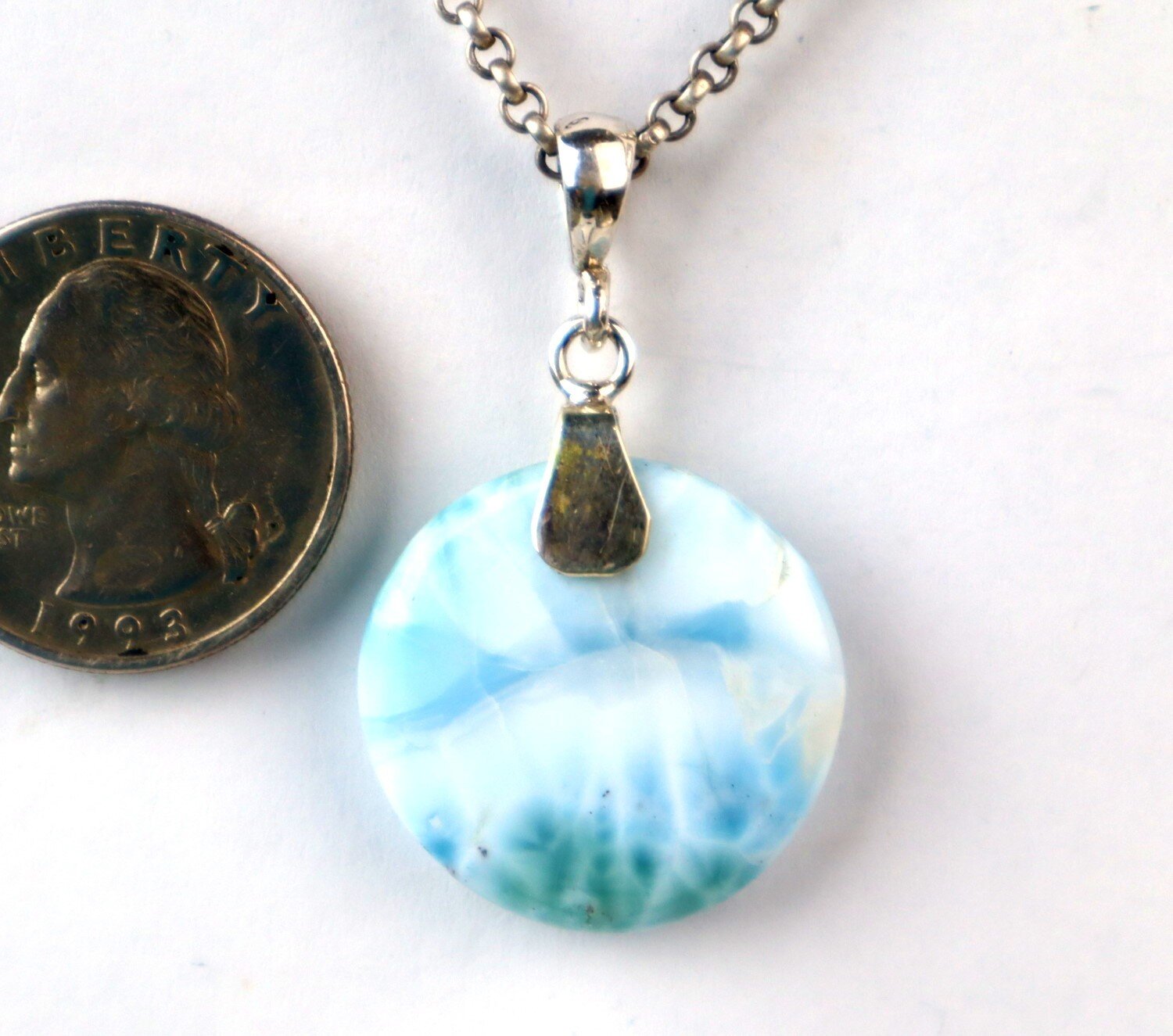 Handcrafted Natural Ocean Blue Larimar 925 Sterling Silver Round Pendant 42mm – photo 5