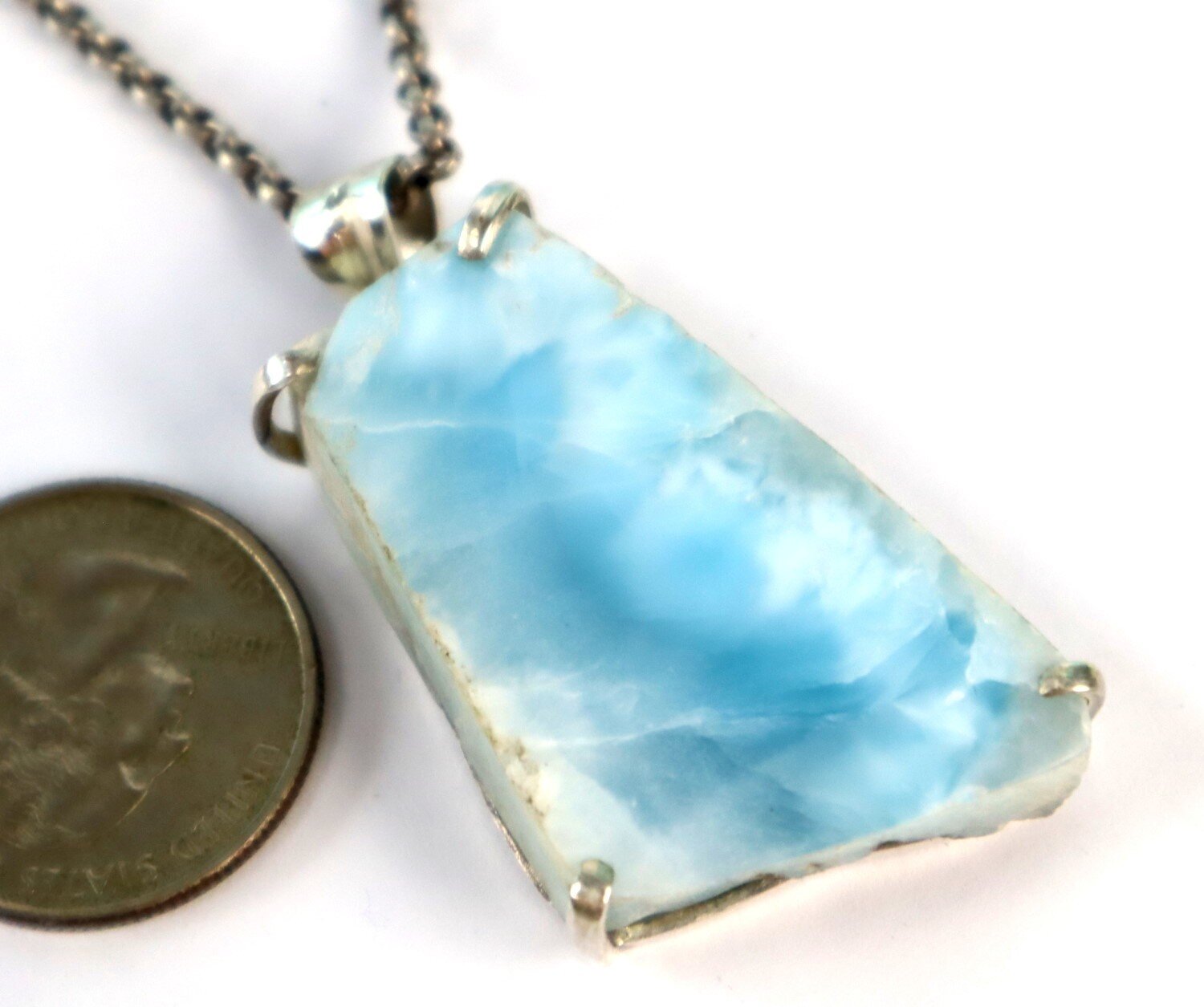 Natural Deep Blue Larimar slice .925 Sterling Silver Pendant 53mm – photo 8