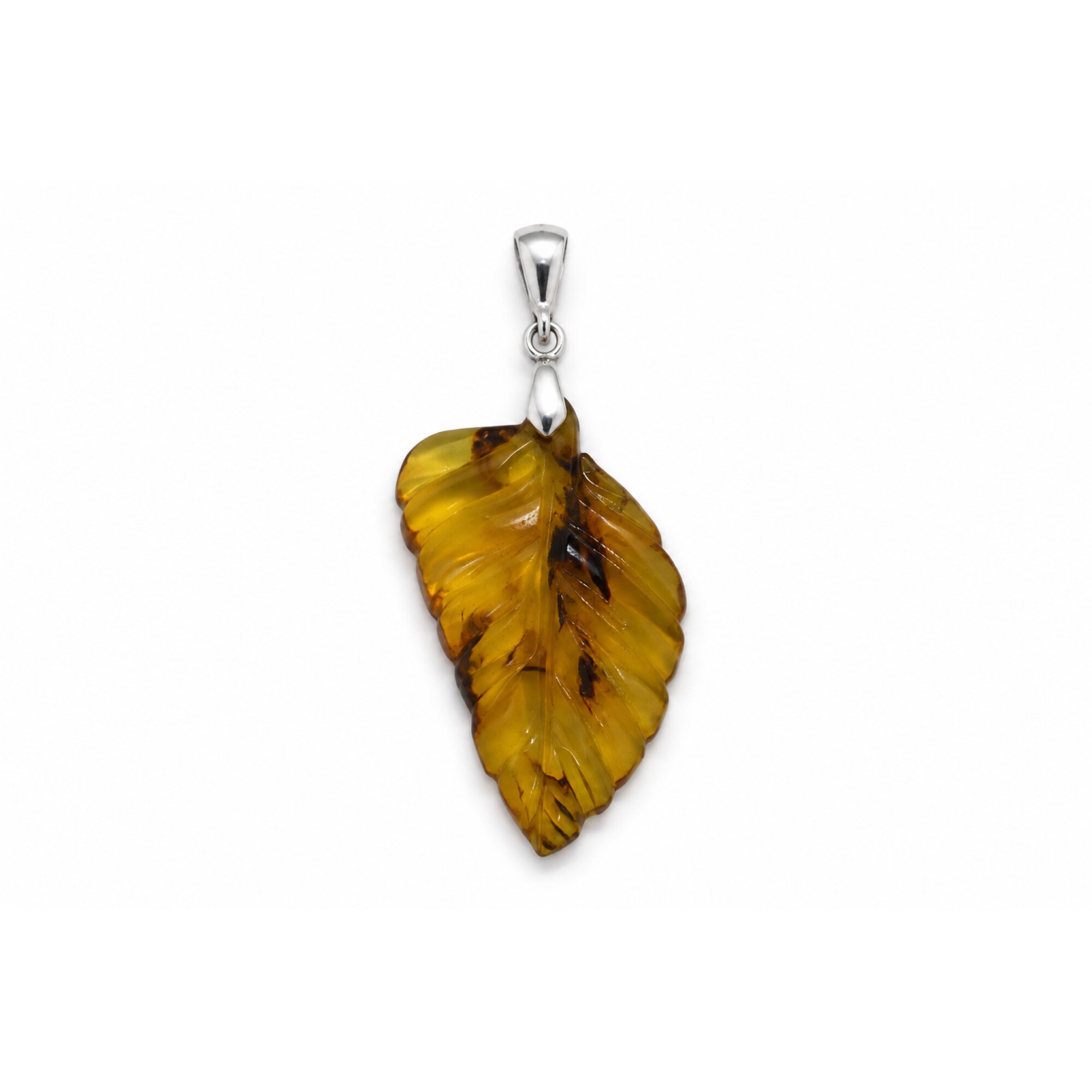 Clear cognac blue Natural Dominican Amber leaf 925 Sterling Silver Pendant 43 mm – photo 4