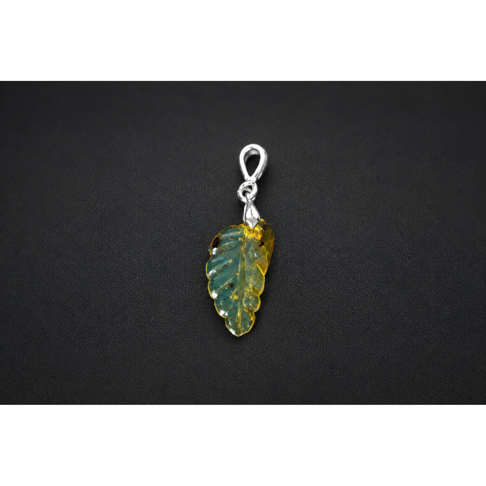 Clear sky blue Natural Dominican Amber leaf 925 Sterling Silver Pendant 34 mm – photo 2