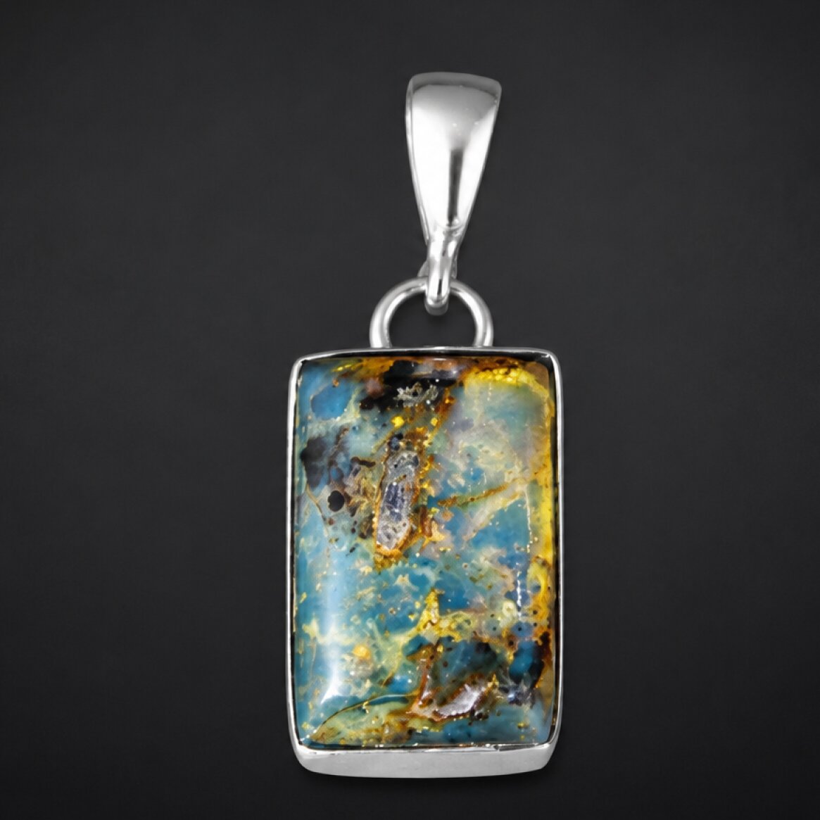 Translucent deep blue Natural Dominican Amber rectangular 925 Pendant 28 mm