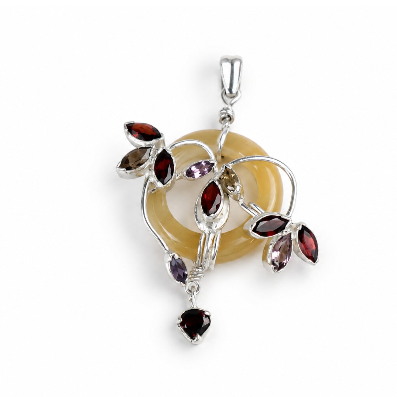 Honey yellow Natural Rutilated Quartz ring Doughnut 925 Sterling Pendant 65 mm