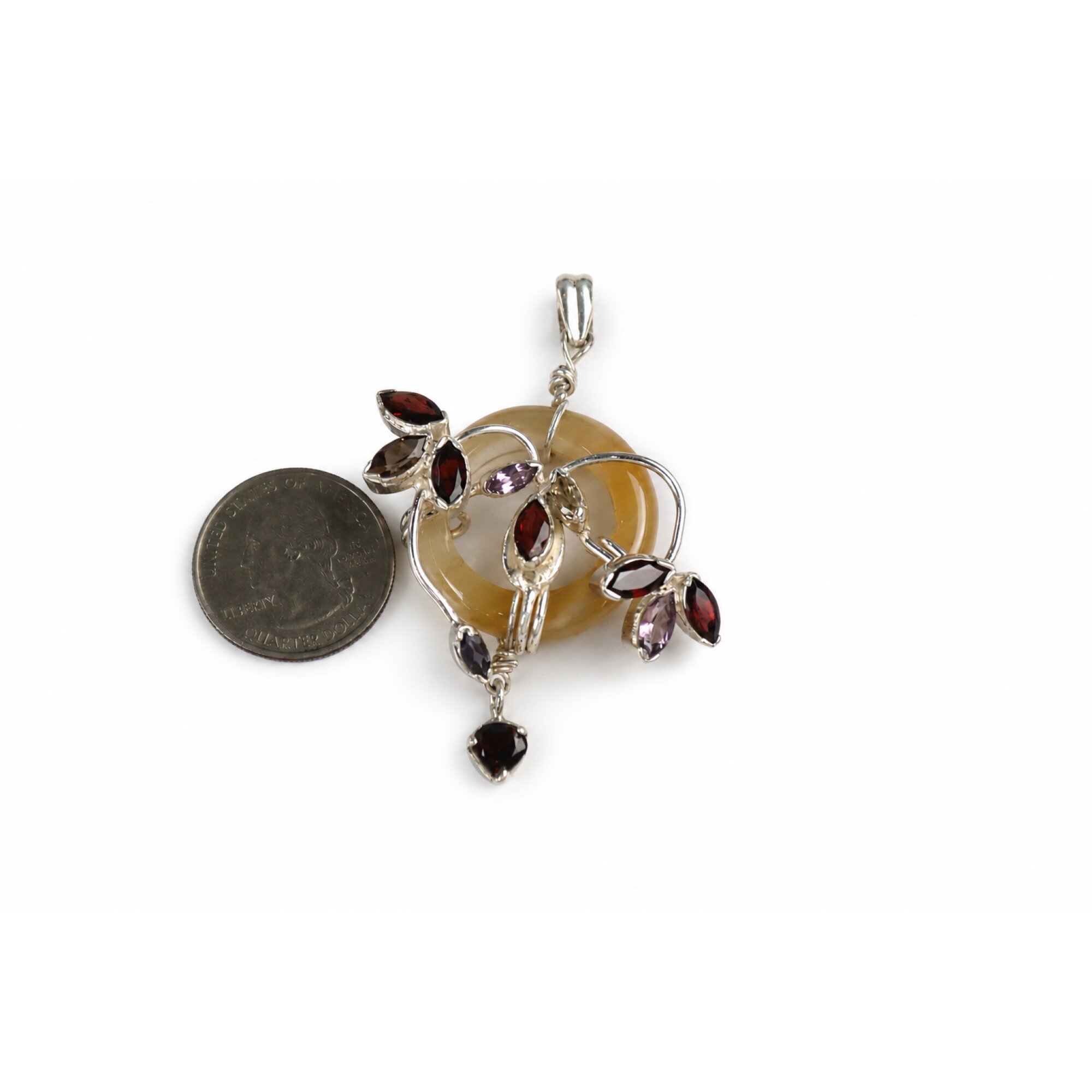 Honey yellow Natural Rutilated Quartz ring Doughnut 925 Sterling Pendant 65 mm – photo 6