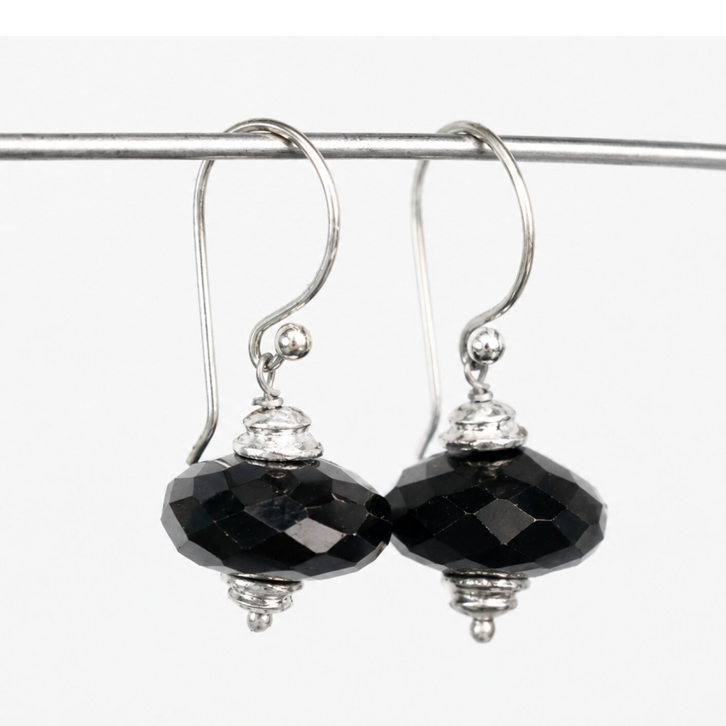 Clear black spinel Faceted Rondelle 925 Sterling Silver Earrings 30 mm