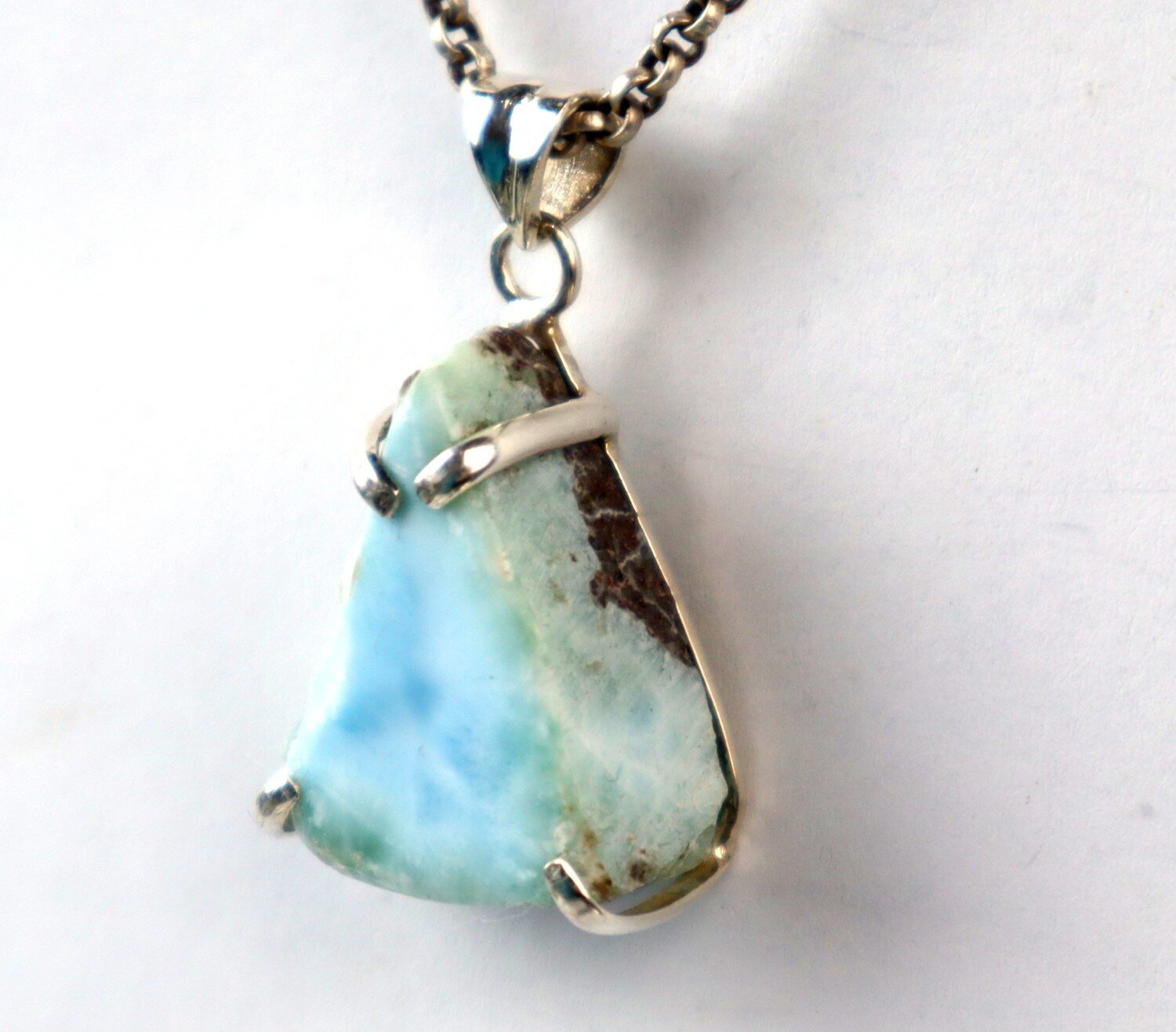 Handcrafted Natural Sky Blue Larimar 925 Sterling Silver Triangle Slice Pendant – photo 5