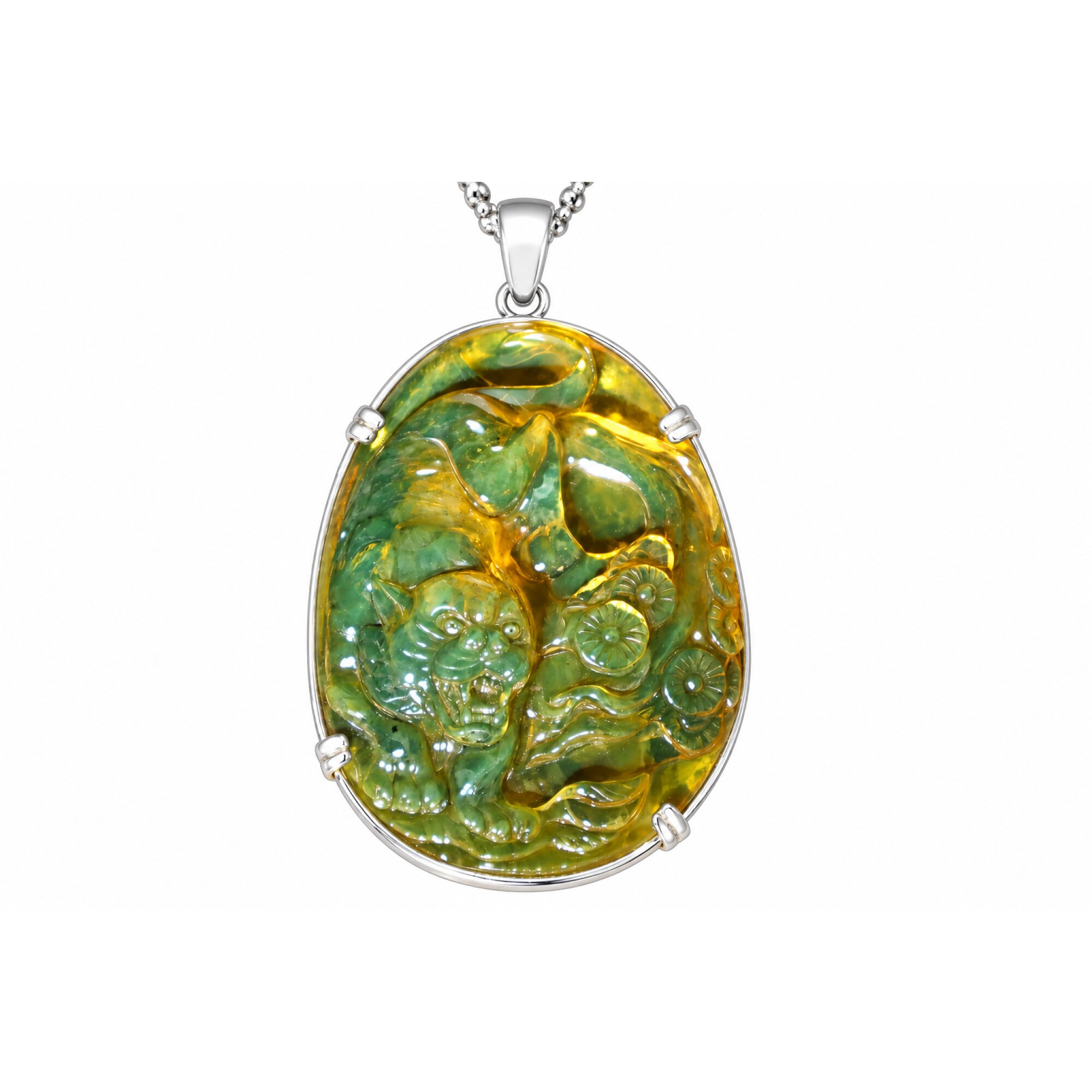 Hand Carved Tiger Dominican Green Amber Sterling Silver Pendant 64mm – photo 3