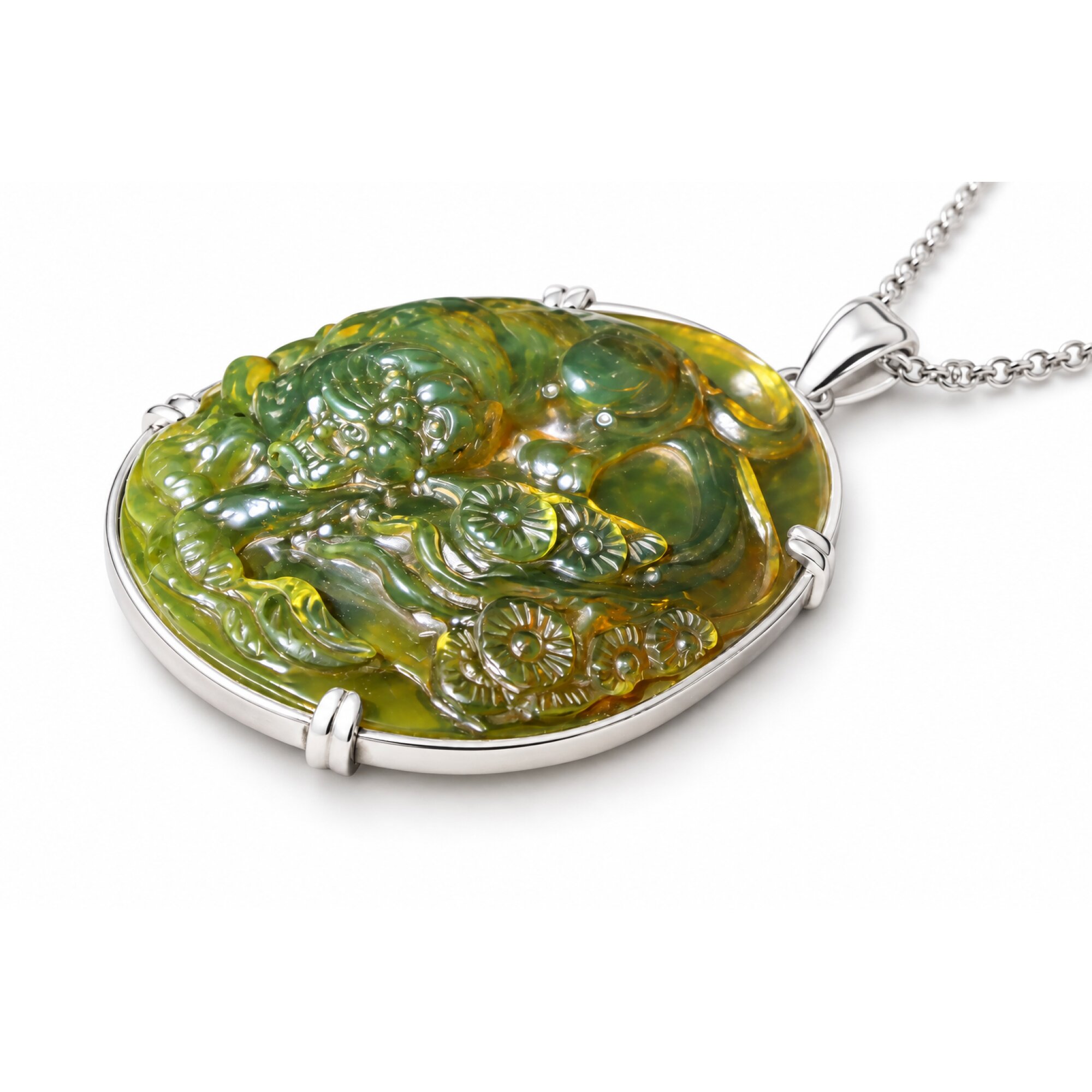 Hand Carved Tiger Dominican Green Amber Sterling Silver Pendant 64mm – photo 4