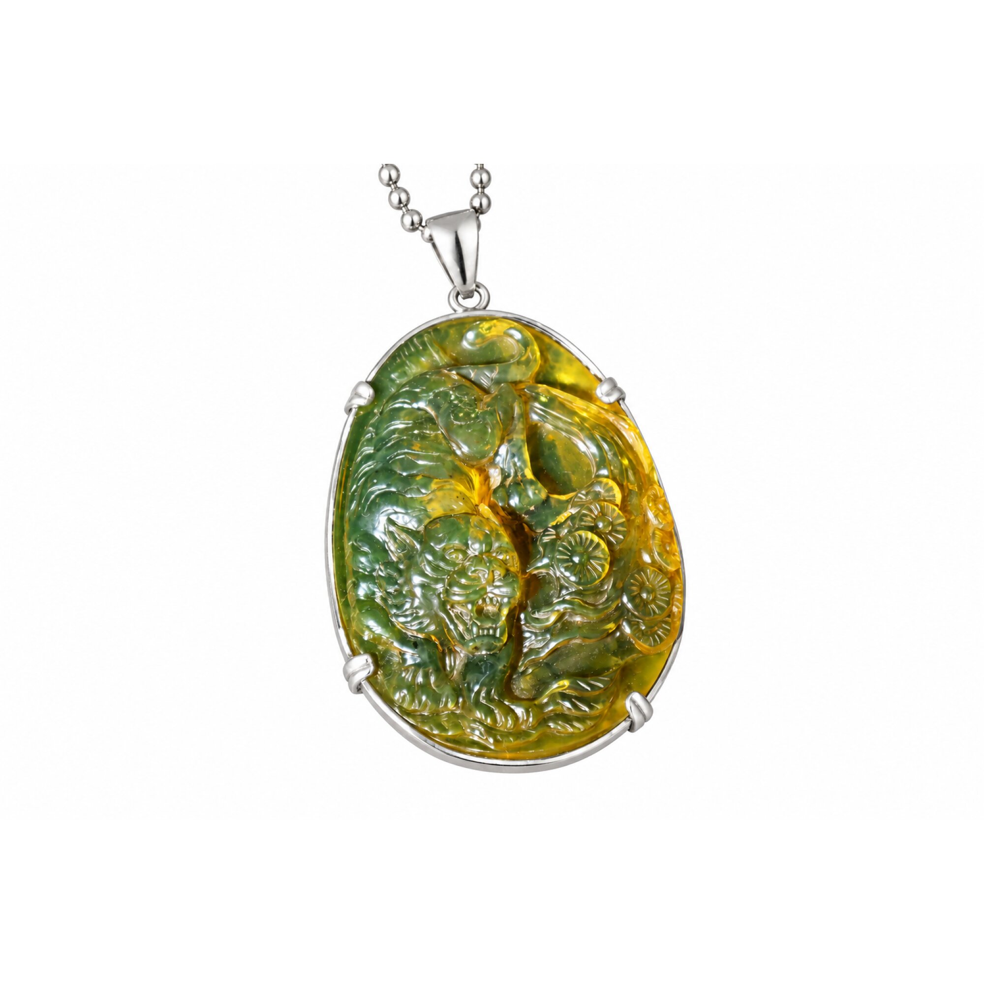 Hand Carved Tiger Dominican Green Amber Sterling Silver Pendant 64mm – photo 16