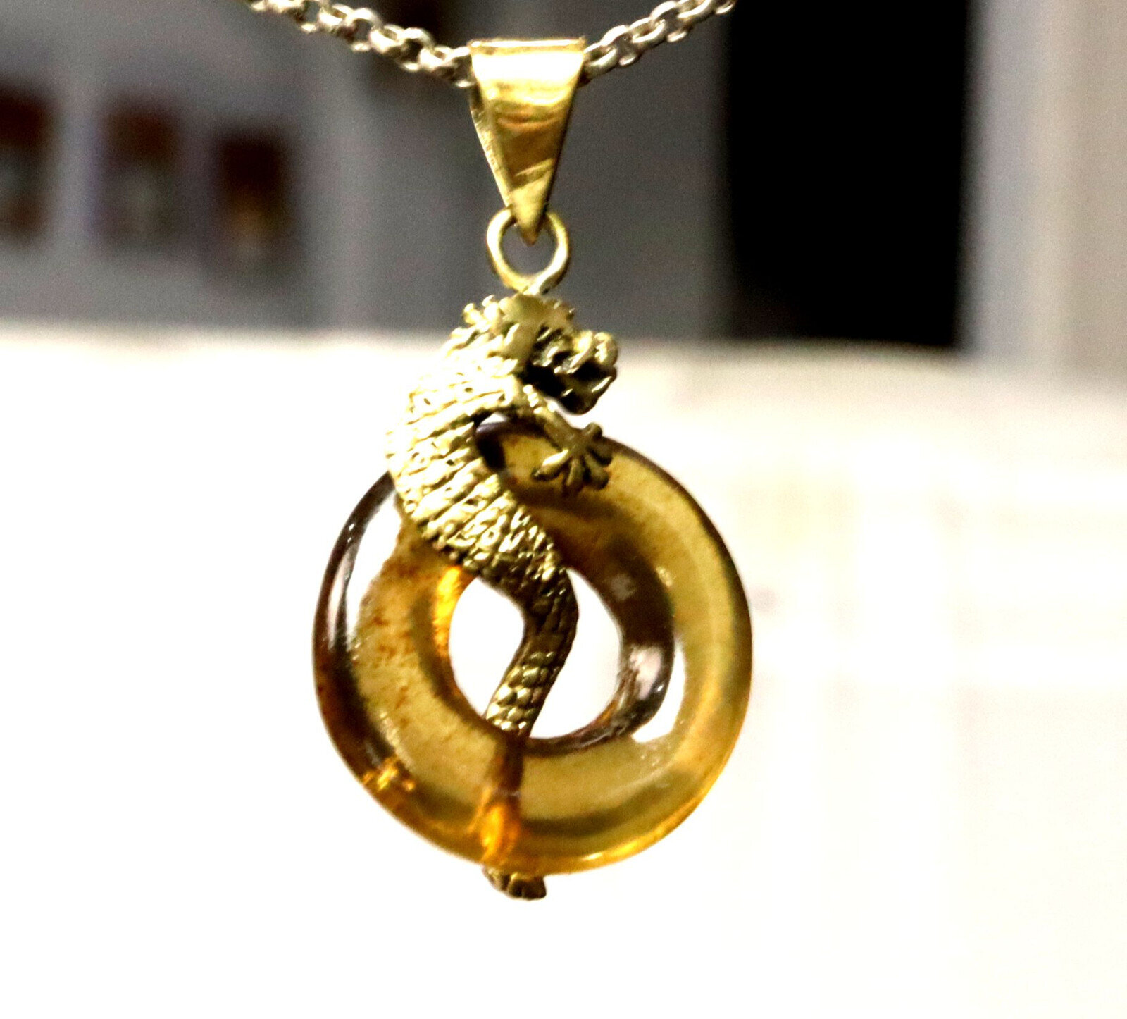 Exquisite 2 inch Natural Clear Yellow Orange Amber Doughnut Dragon Pendant – photo 6