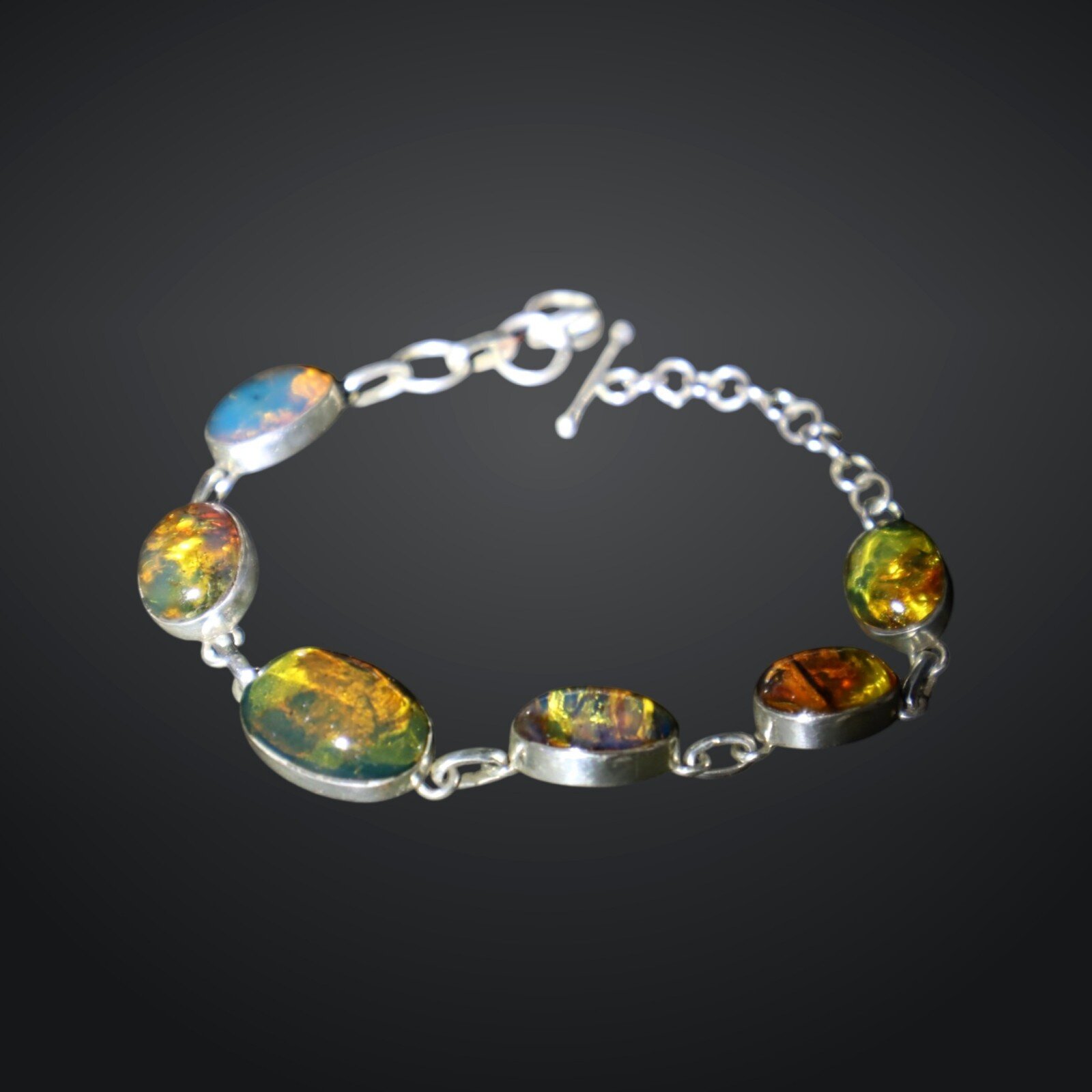 Quality Artisan Blue Green Dominican Amber 925 Sterling Silver Oval Bracelet 5"+ – photo 5