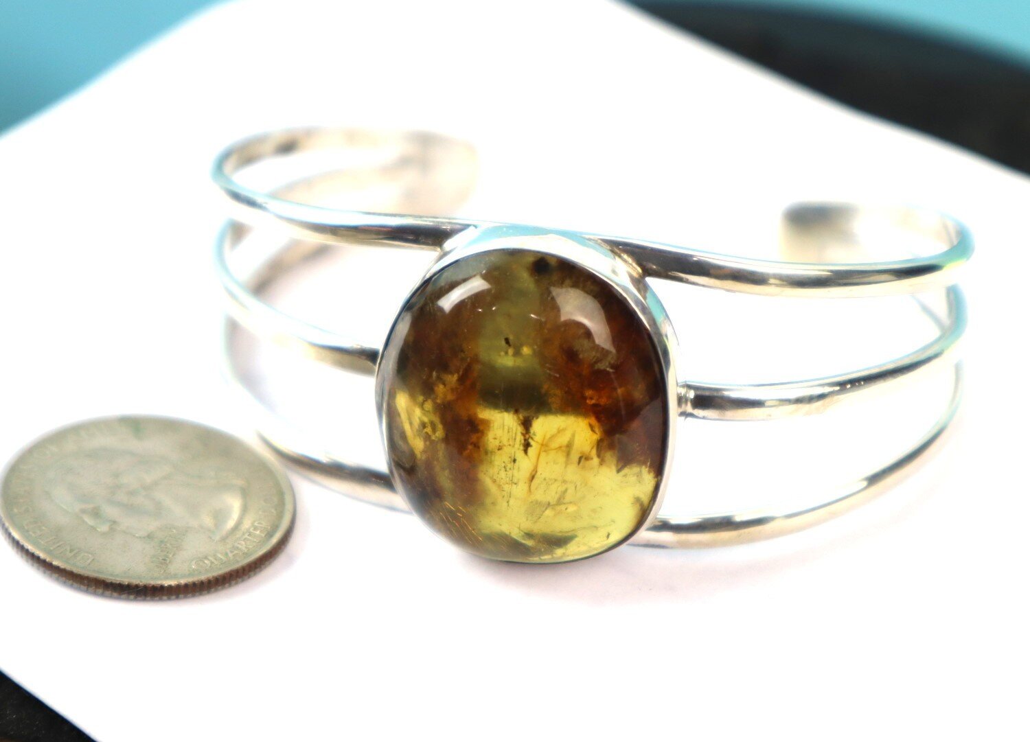 Natural Clear Green Blue Amber solid .925 Sterling Silver Cuff Bangle 7inch – photo 14