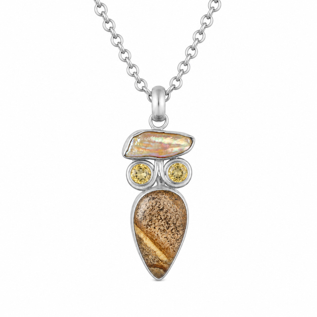 Authentic Beautiful Brown Yellow Picture Jasper, Citrine & Abalone Pendant 60mm