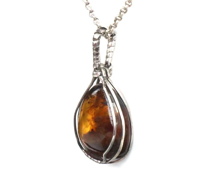 Handcrafted Wired Natural Clear Sky Green Amber 925 Sterling Silver Pendant 47mm – photo 5