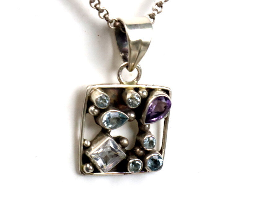 Vintage Natural Amethyst Aquamarine Zirconia 925 Sterling Silver Pendant 36mm – photo 2