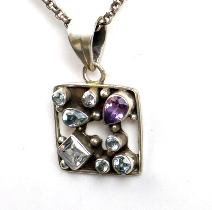 Vintage Natural Amethyst Aquamarine Zirconia 925 Sterling Silver Pendant 36mm – photo 3