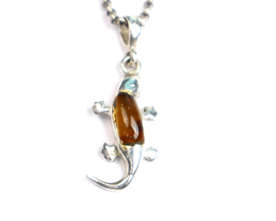 Natural Orange Red Amber .925 Sterling Silver Gecko Leguan Pendant 41mm – photo 4