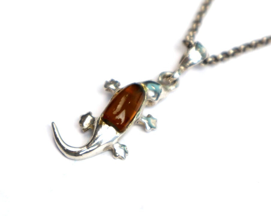 Natural Orange Red Amber .925 Sterling Silver Gecko Leguan Pendant 41mm – photo 5