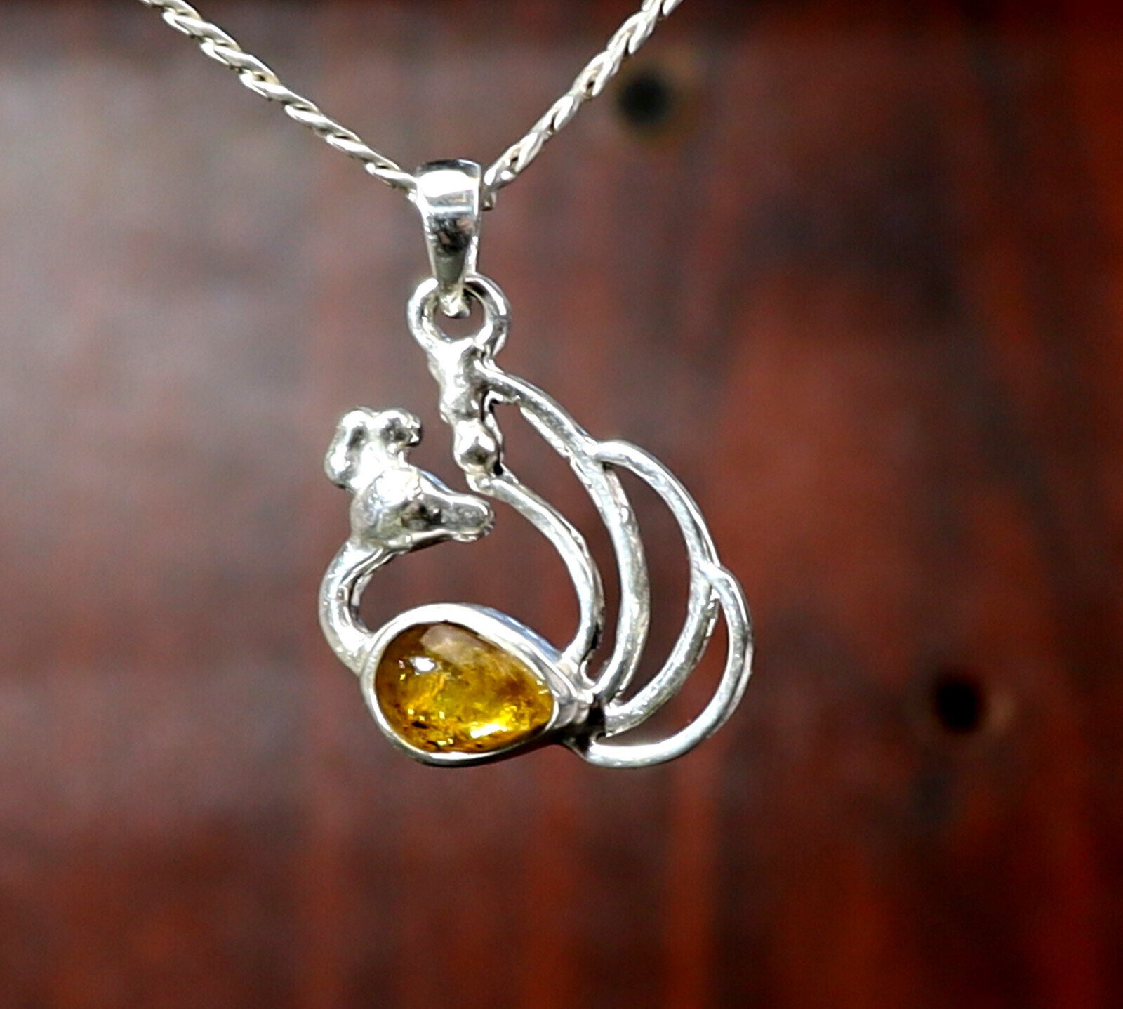 Exquisite Orange Green Amber .925 Sterling Silver Peacock Pendant 1.3inch – photo 4
